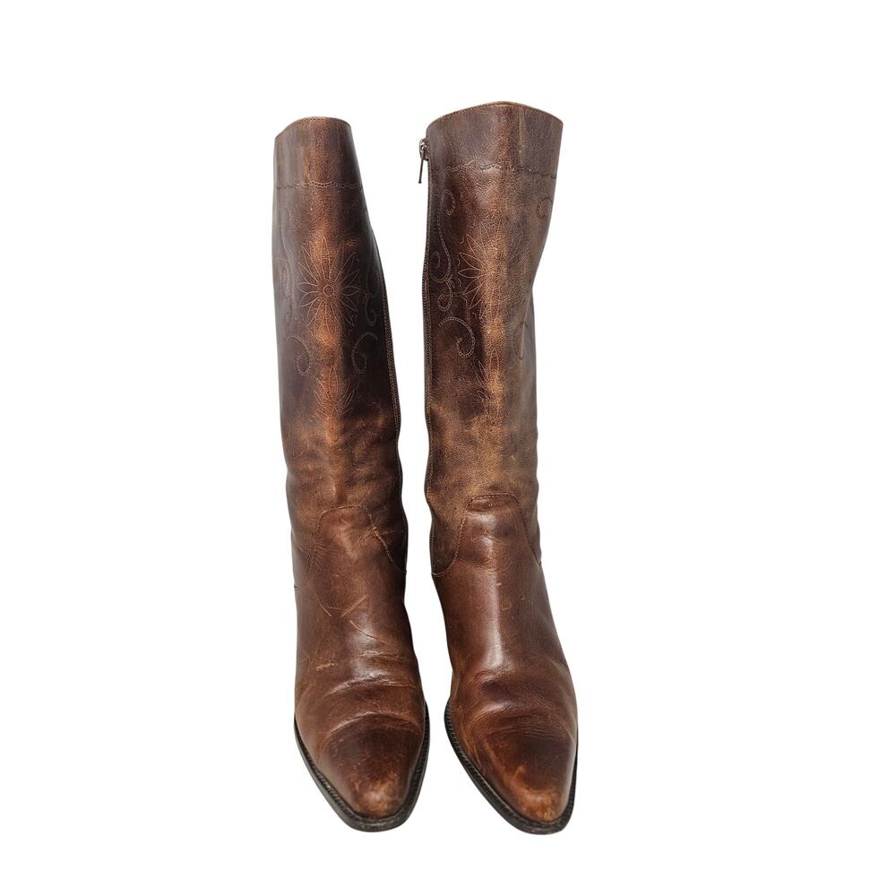 Vintage Matisse 8 Brown Leather Stitched Boot Western Boho Zip Up Flower - Picture 7 of 9